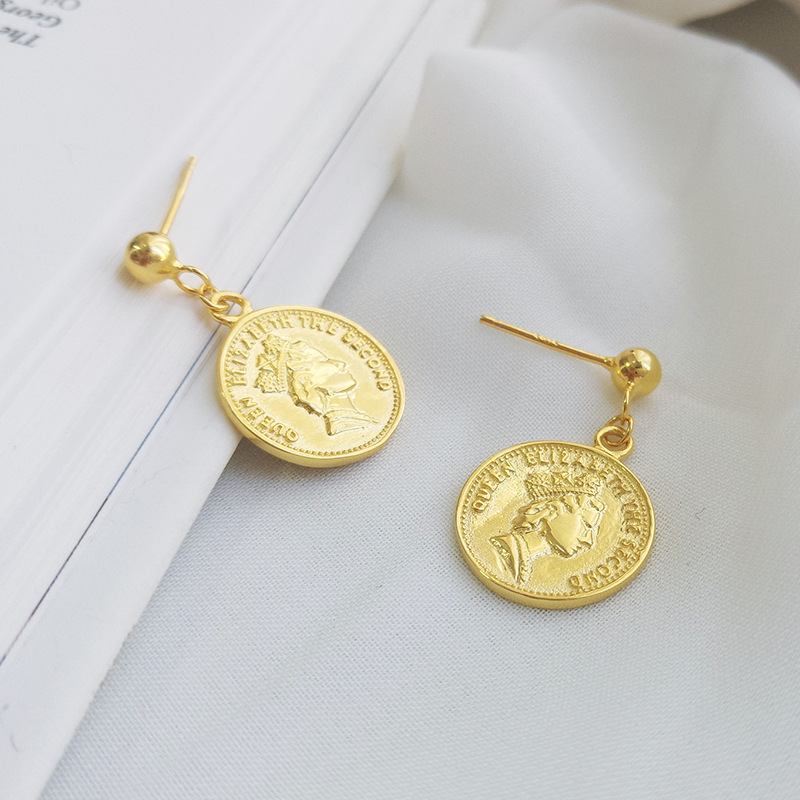 Golden Round Card Portrait Sterling Silver Plated Gold Stud Earring