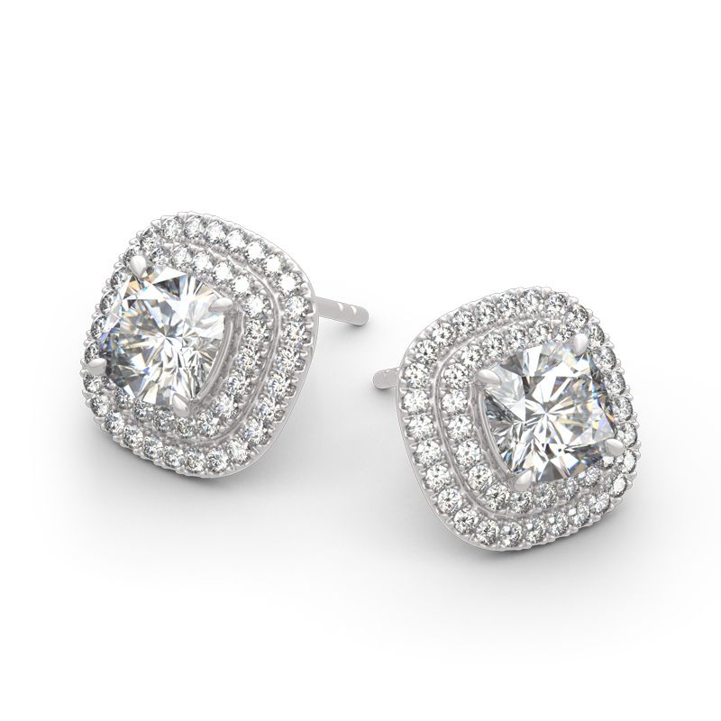 Double Halo Cushion Cut Sterling Silver Stud Earrings-JE-Juri Elle