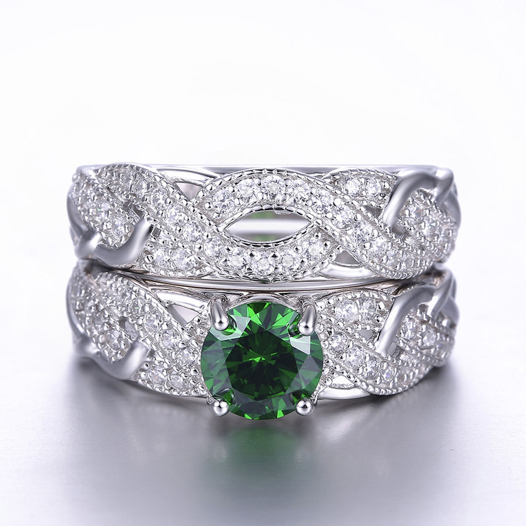 Vintage Round Cut Sterling Silver Ring Set-ZX-Juri Elle