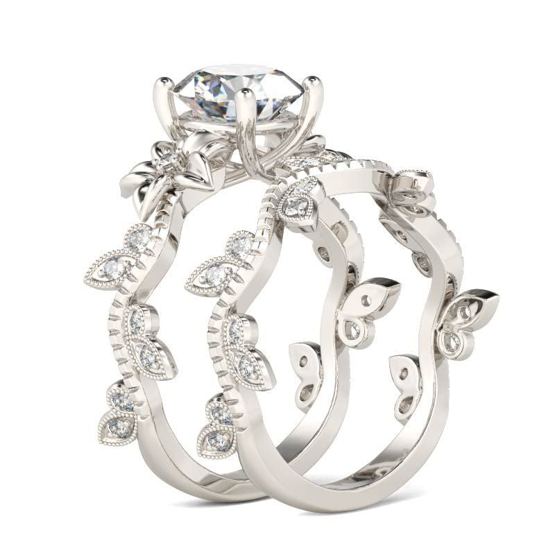 Floral Design Round Cut Sterling Silver Ring Set-JE-Juri Elle