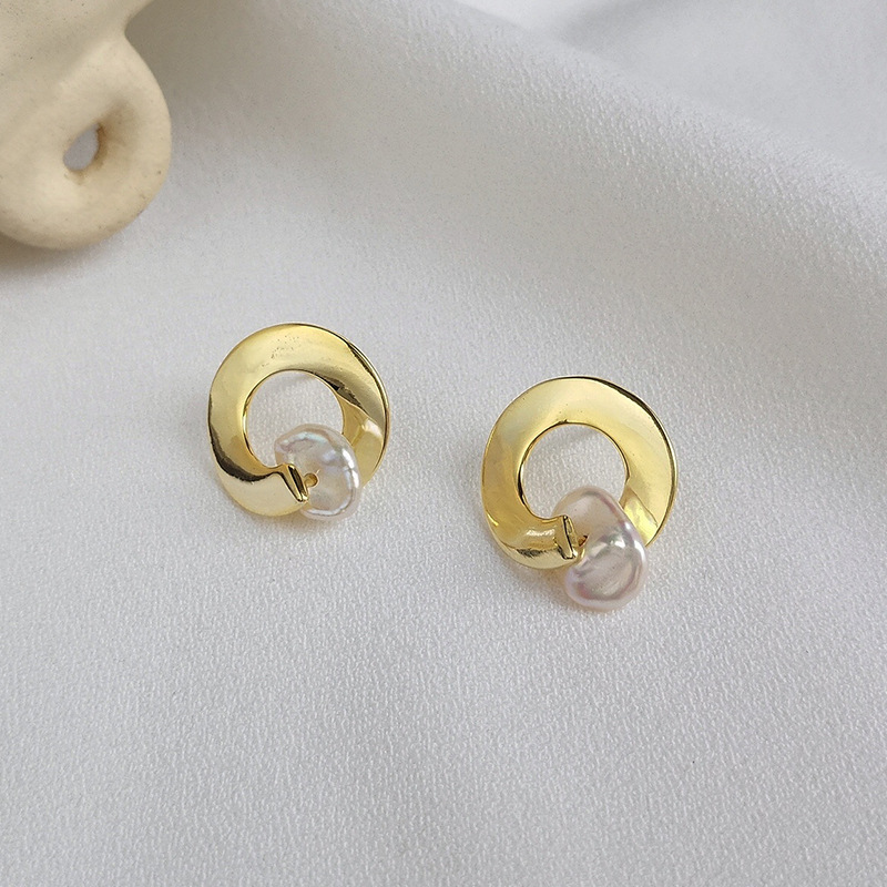 Shaped Baroque Pearl Sterling Silver Plated Gold Stud Earring