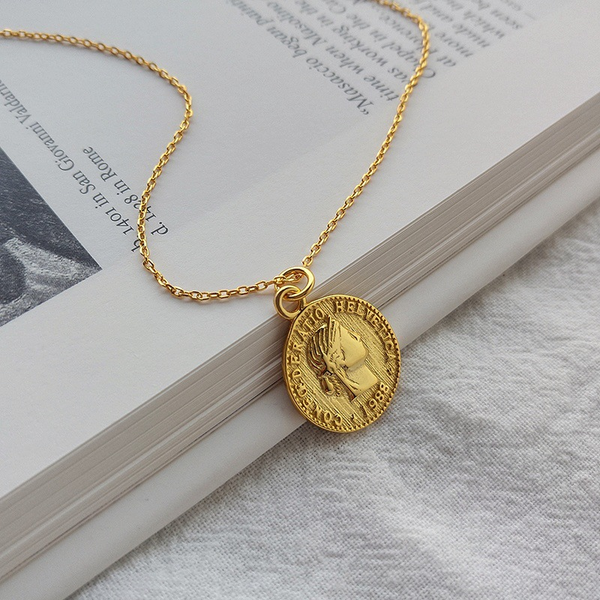 Portrait Coin Sterling Silver Plated Gold Necklace