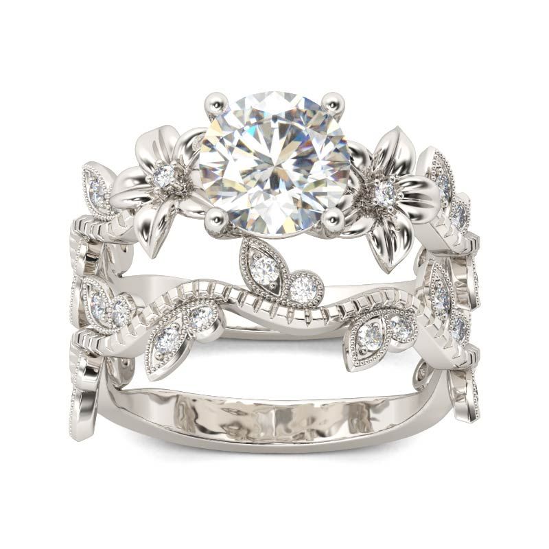 Floral Design Round Cut Sterling Silver Ring Set-JE-Juri Elle