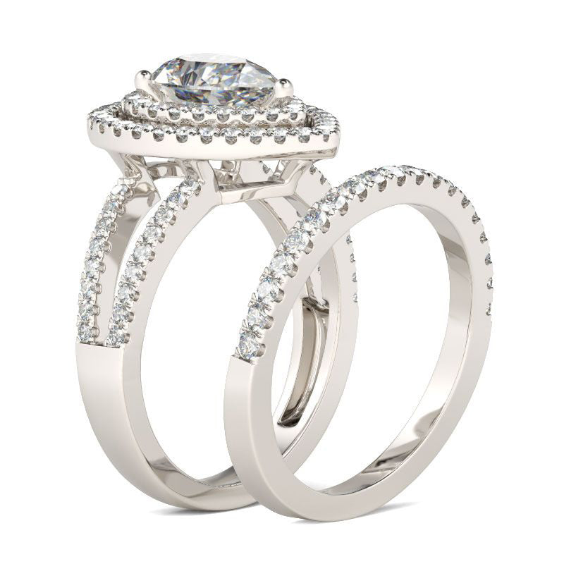 Double Halo Pear Cut Sterling Silver Ring Set-JE-Juri Elle
