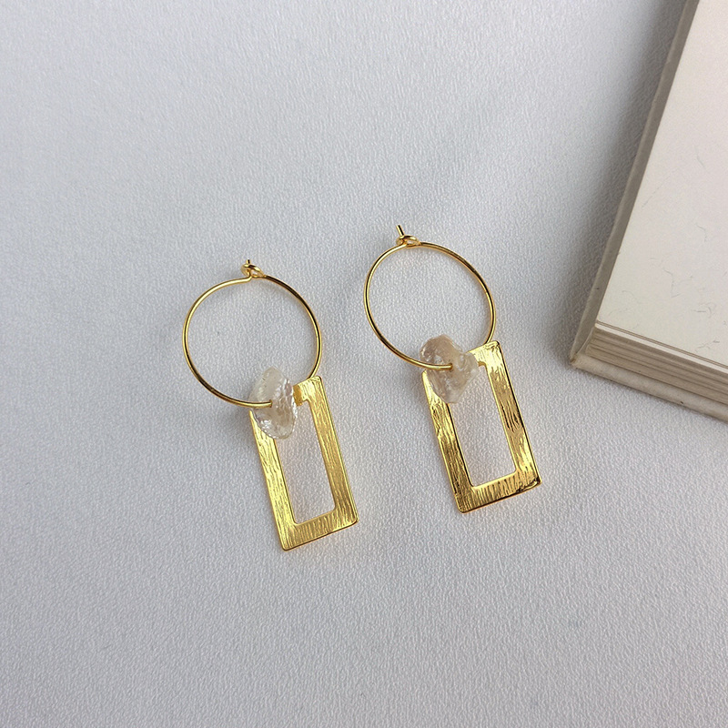 Circle Geometry Baroque Pearl Sterling Silver Plated Gold Earring