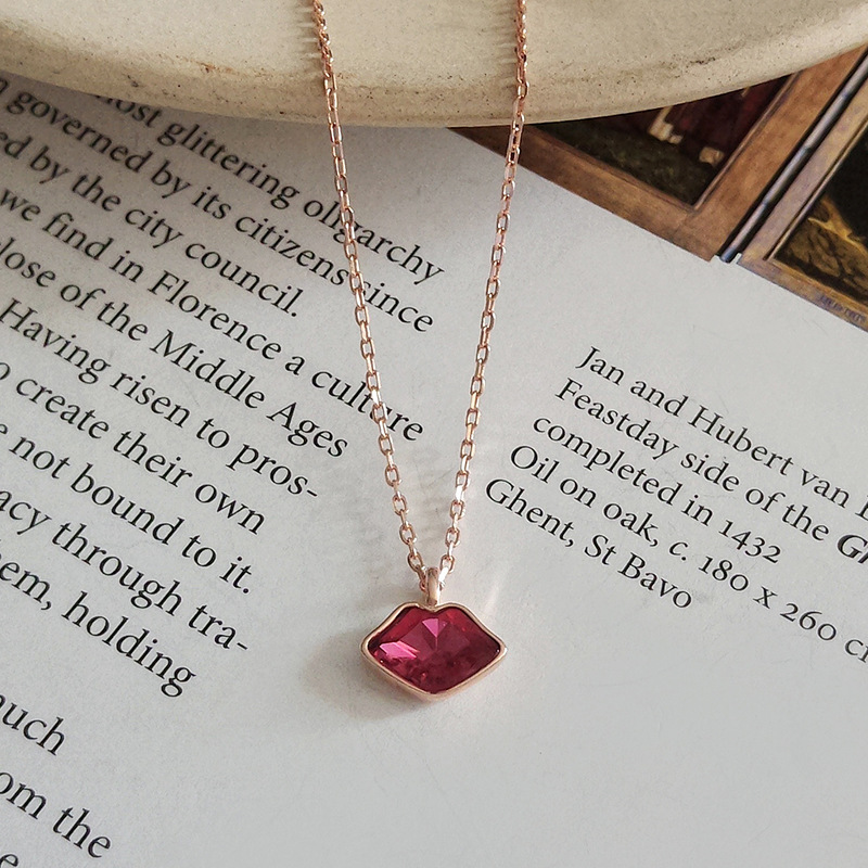 Red Lips Temptation Sterling Silver Plated Rose Gold Necklace