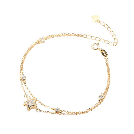 Pentagram Double Round Cut Sterling Silver Plated Gold Bracelet