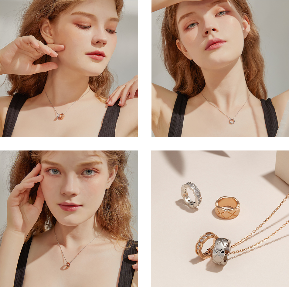 Classic Rhombic Double Ring Oath Round Cut Sterling Silver Necklace