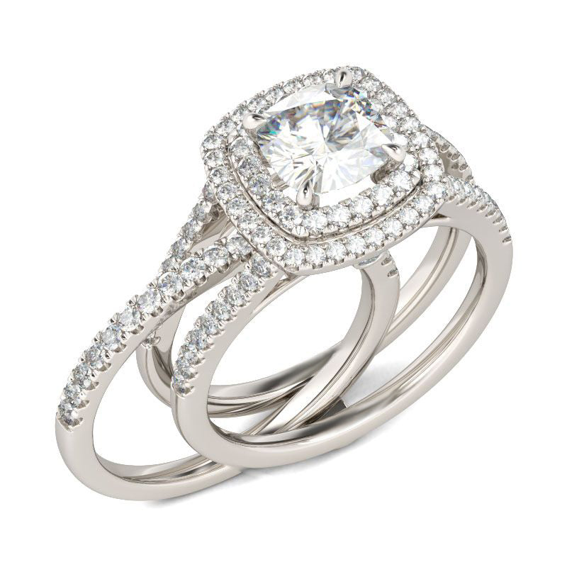 Double Halo Cushion Cut Sterling Silver Ring Set-JE-Juri Elle
