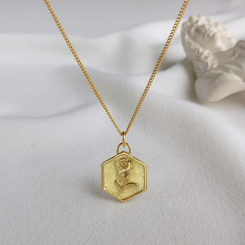 Rose Carving Sterling Silver Plated Gold Necklace