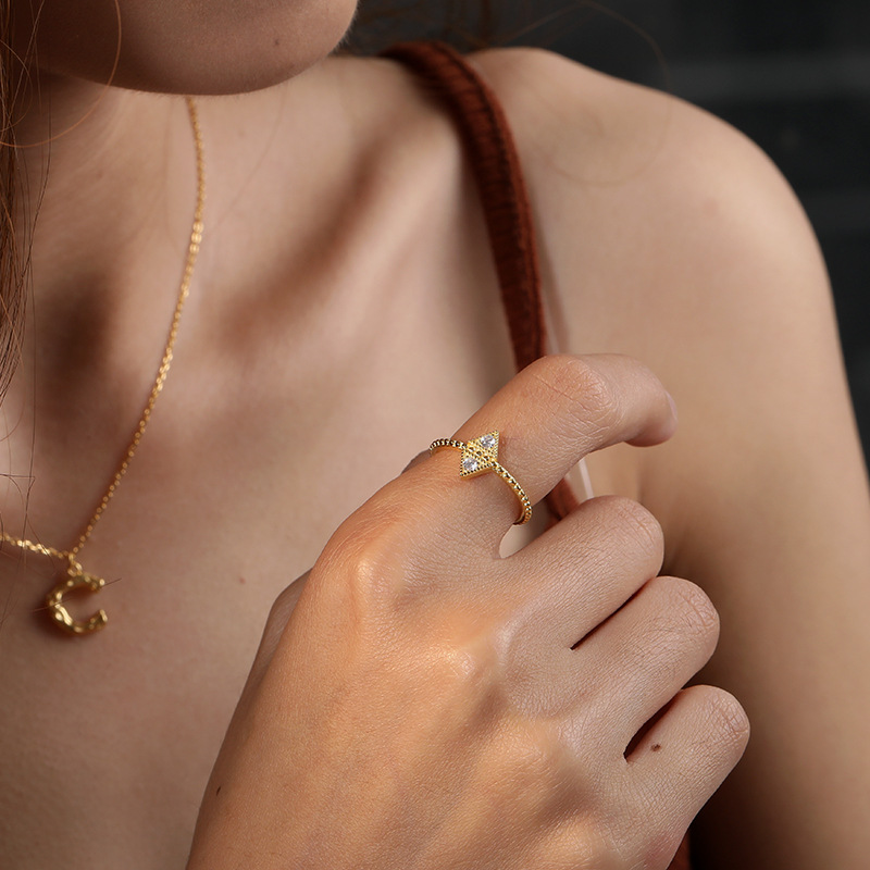 Triangle Beads Round Cut Sterling Silver Plated Gold Ring
