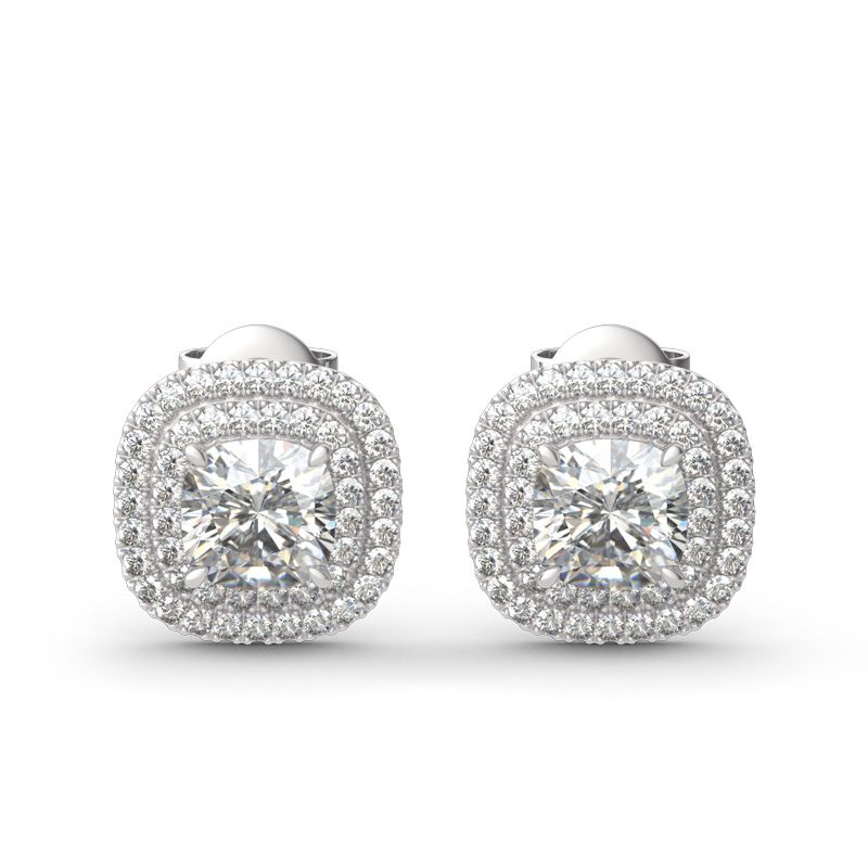 Double Halo Cushion Cut Sterling Silver Stud Earrings-JE-Juri Elle