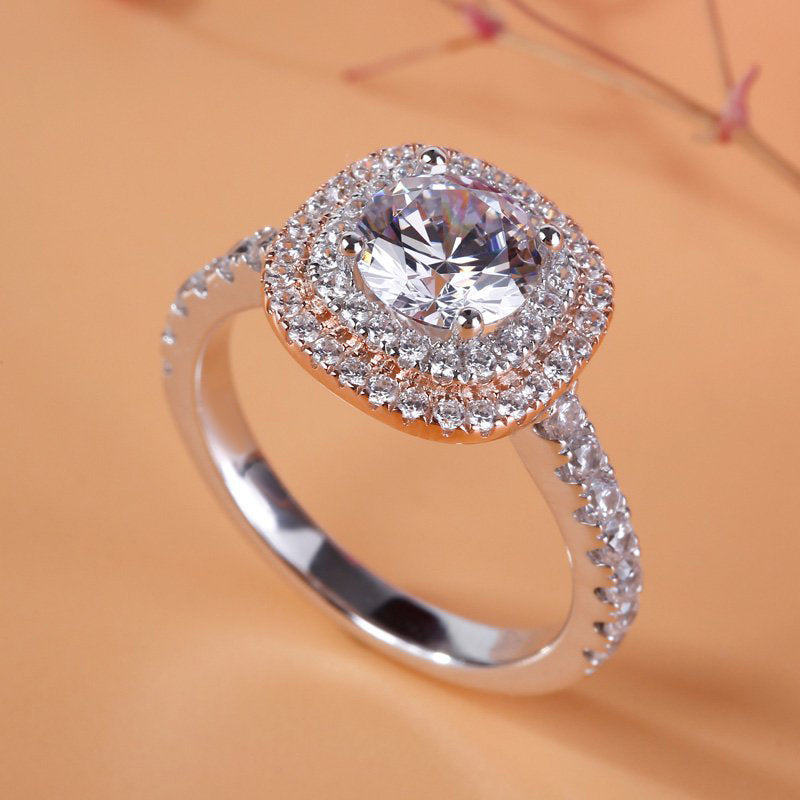Classic Halo Two Tone Round Cut Sterling Silver Ring-JE-Juri Elle