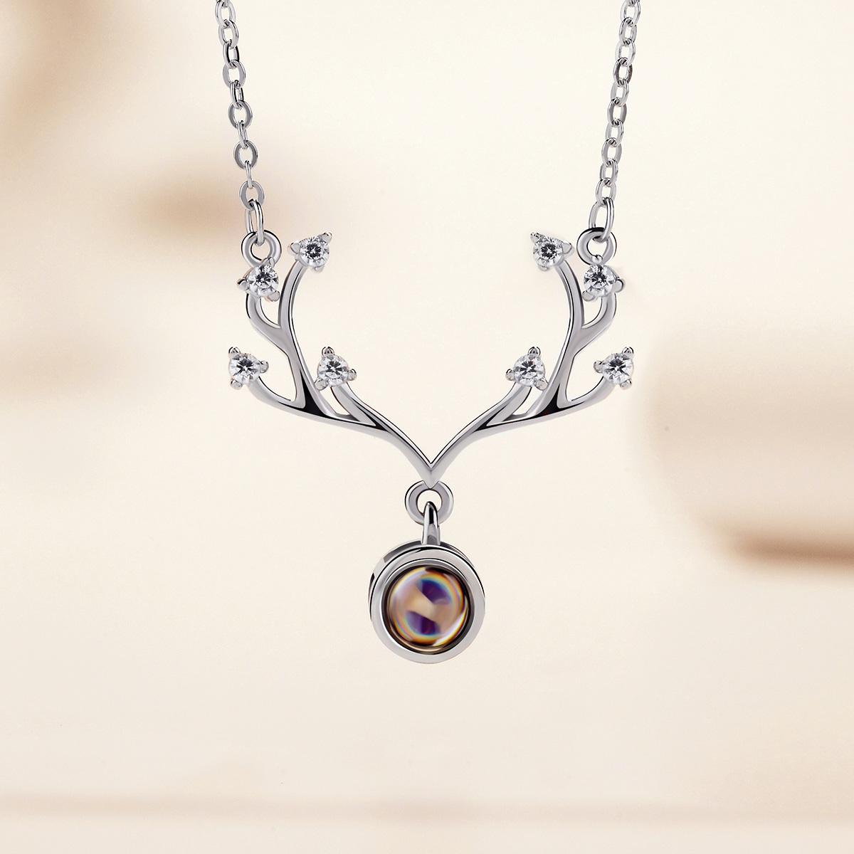 Antlers Evil Eye Round Cut Sterling Silver Necklace