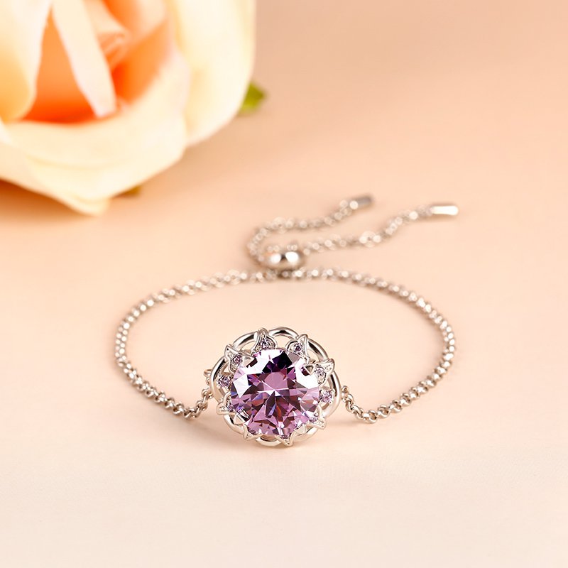 Amethyst Flower Round Cut Sterling Silver Bracelet-JE-Juri Elle