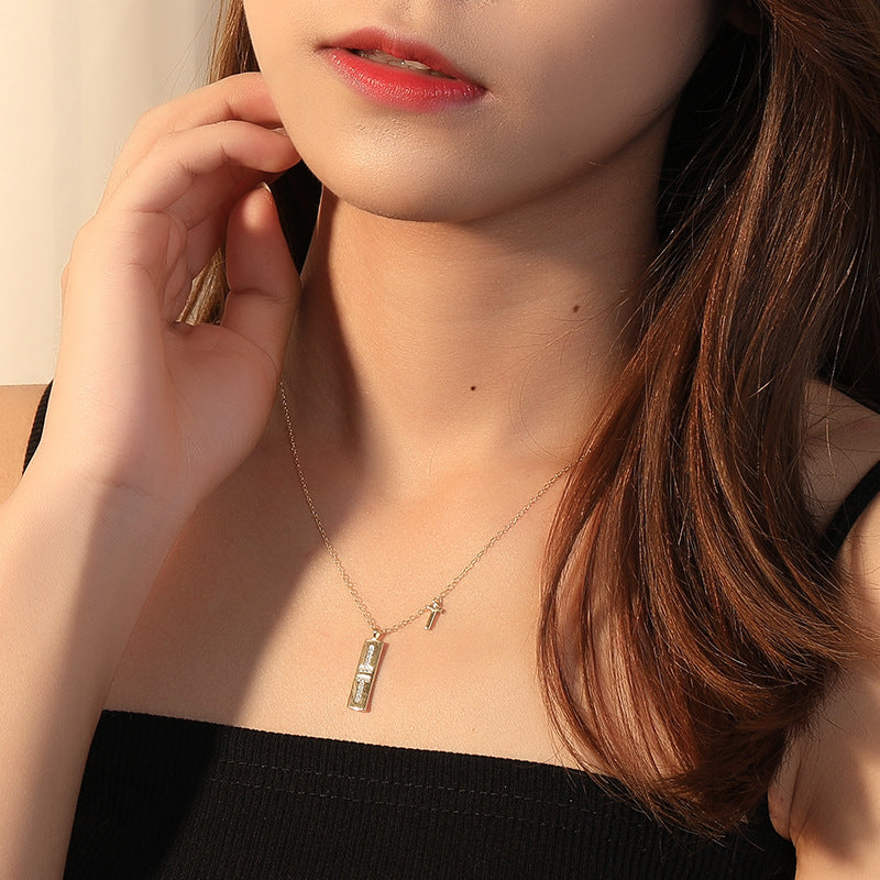 T-shaped Cross Round Cut Sterling Silver Plated Gold Necklace