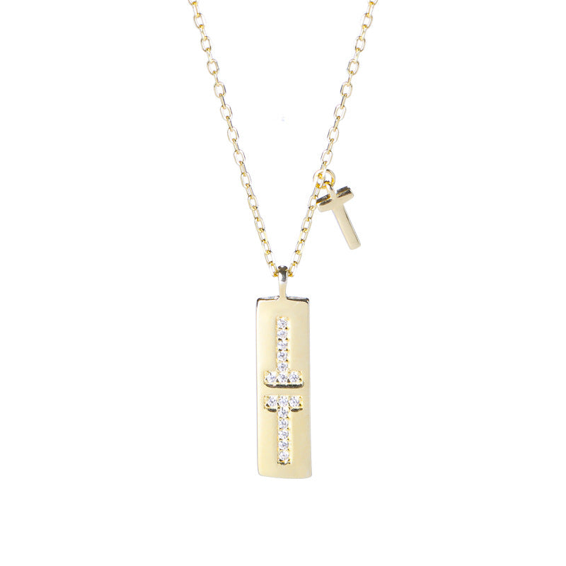 T-shaped Cross Round Cut Sterling Silver Plated Gold Necklace