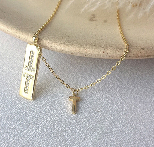 T-shaped Cross Round Cut Sterling Silver Plated Gold Necklace