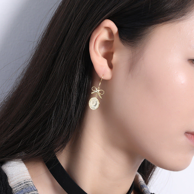 Retro Bow Portrait Disc Sterling Silver Plated Gold Earring