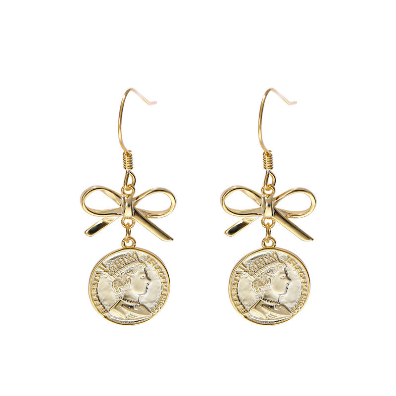 Retro Bow Portrait Disc Sterling Silver Plated Gold Earring
