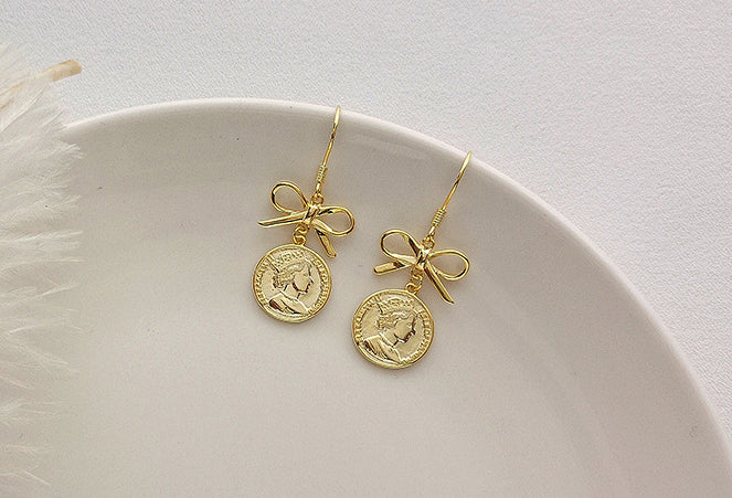 Retro Bow Portrait Disc Sterling Silver Plated Gold Earring