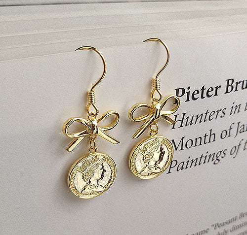 Retro Bow Portrait Disc Sterling Silver Plated Gold Earring