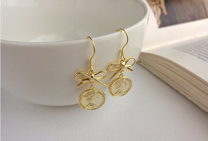 Retro Bow Portrait Disc Sterling Silver Plated Gold Earring