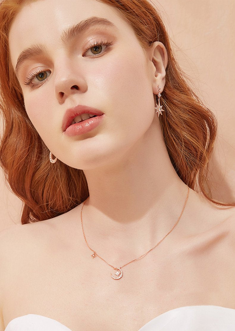 Starry Moon Fairy Round Cut Plated 14K Rose Gold Necklace