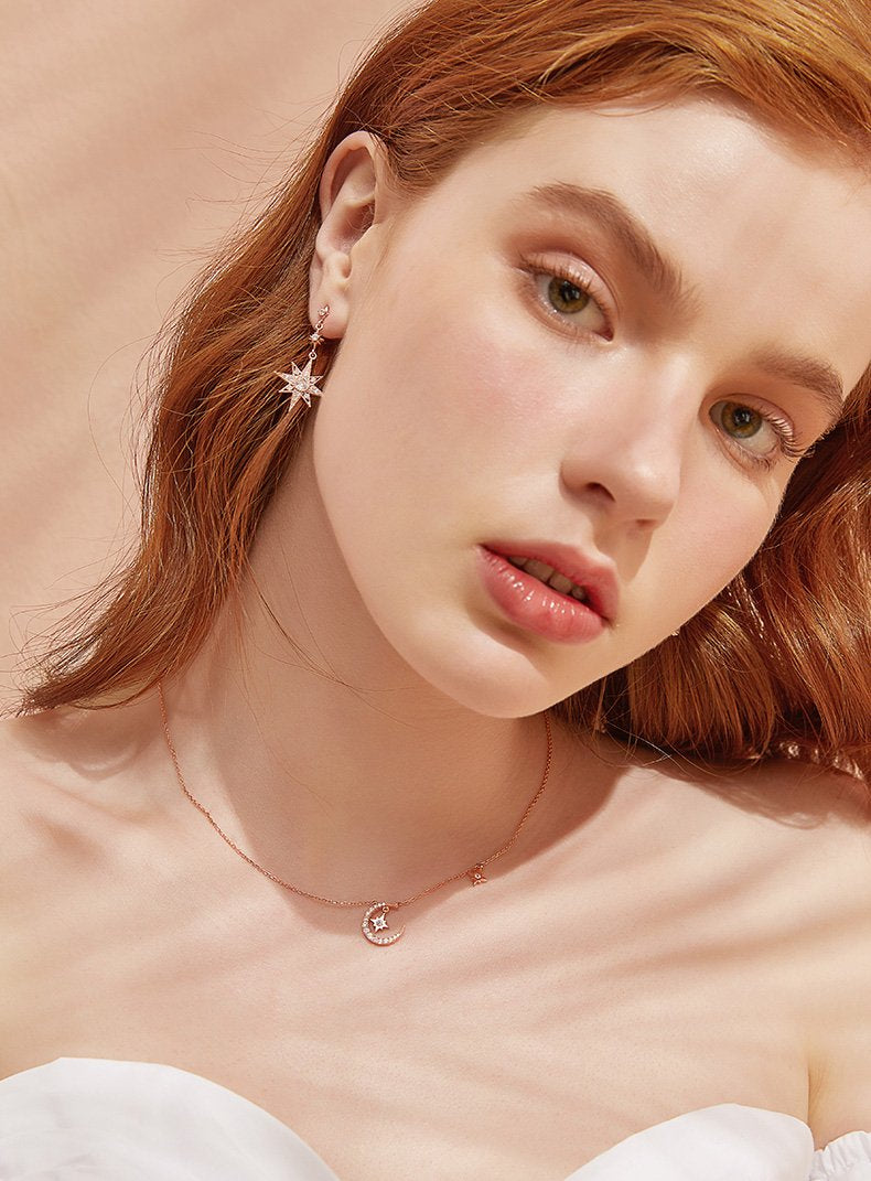Starry Moon Fairy Round Cut Plated 14K Rose Gold Necklace