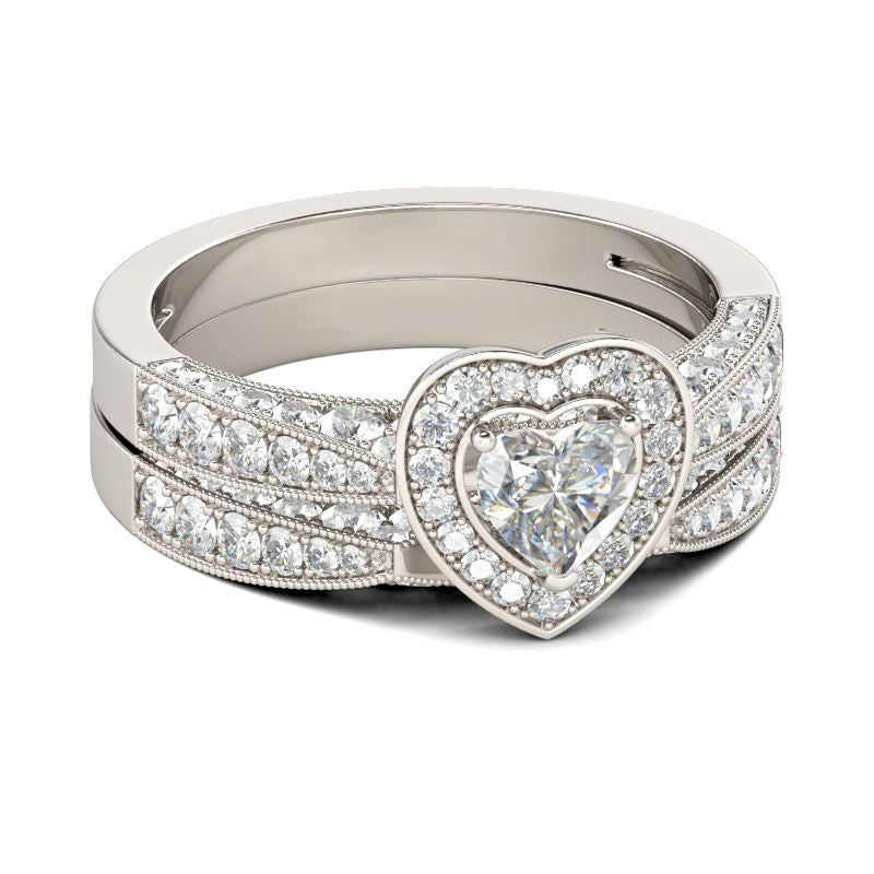Halo Heart Cut Sterling Silver Ring Set
