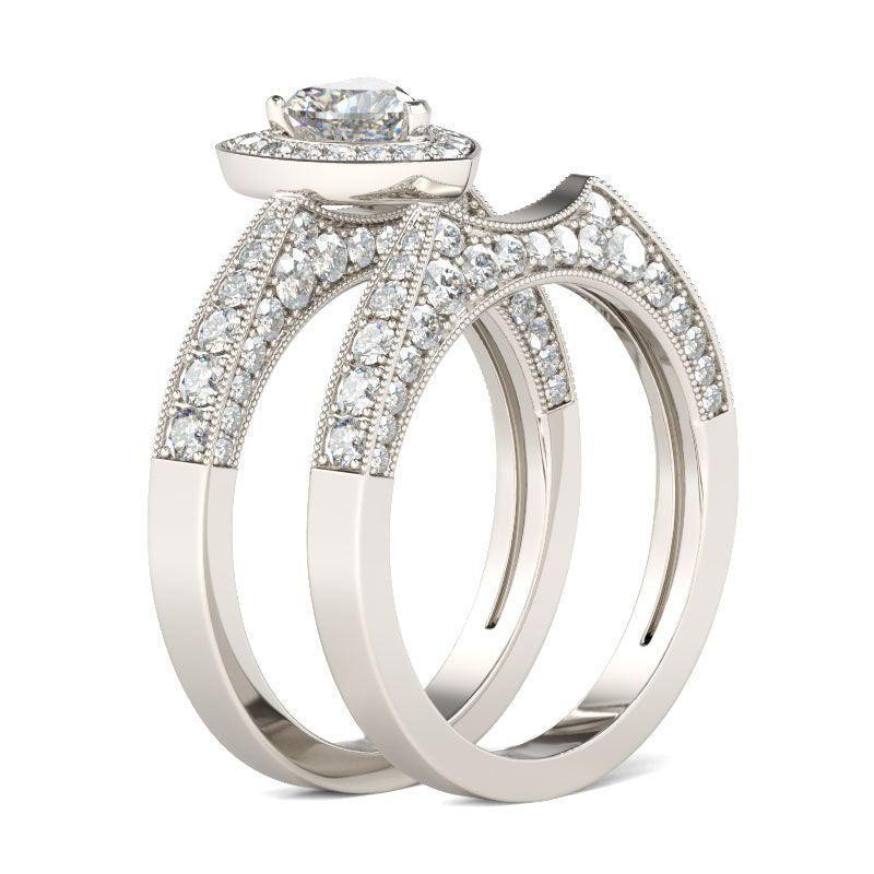 Halo Heart Cut Sterling Silver Ring Set