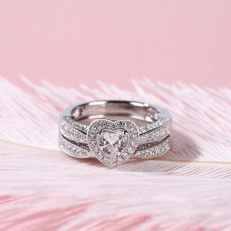Halo Heart Cut Sterling Silver Ring Set