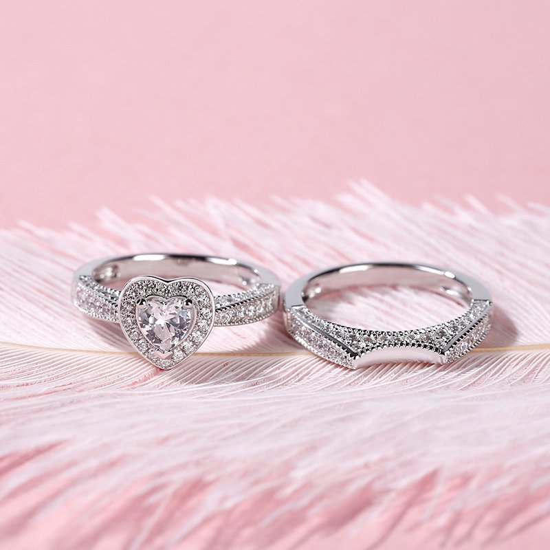 Halo Heart Cut Sterling Silver Ring Set