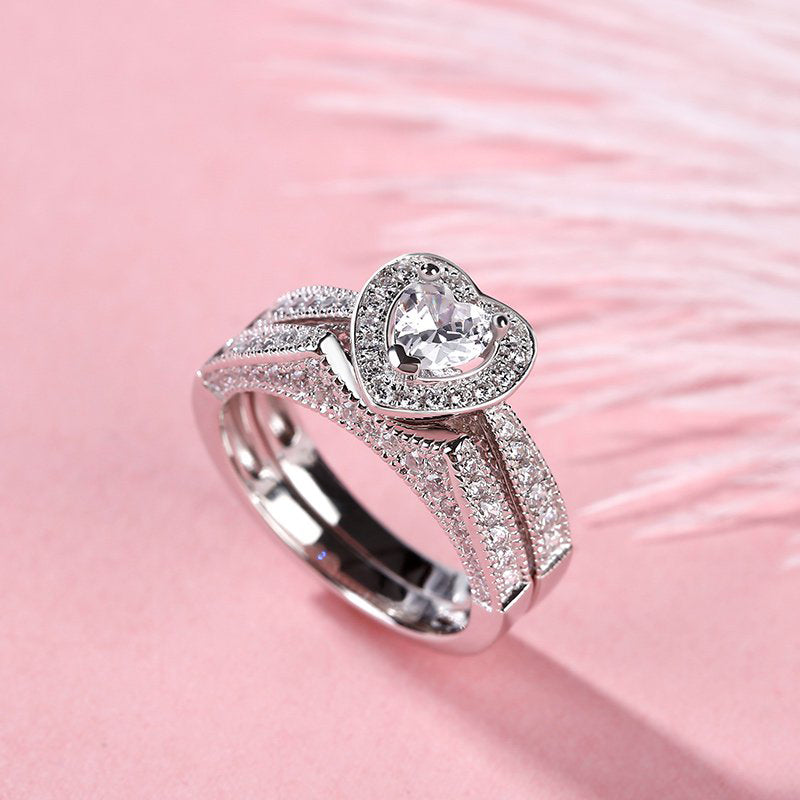 Halo Heart Cut Sterling Silver Ring Set