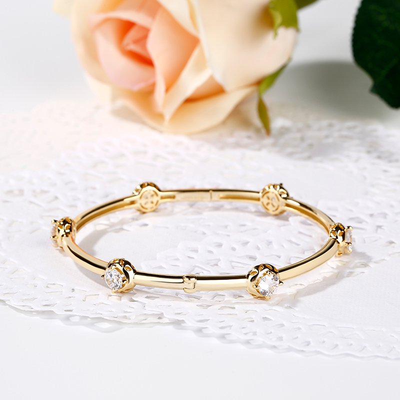 Sparkling Yellow Gold Tone Sterling Silver Station Bangle-JE-Juri Elle