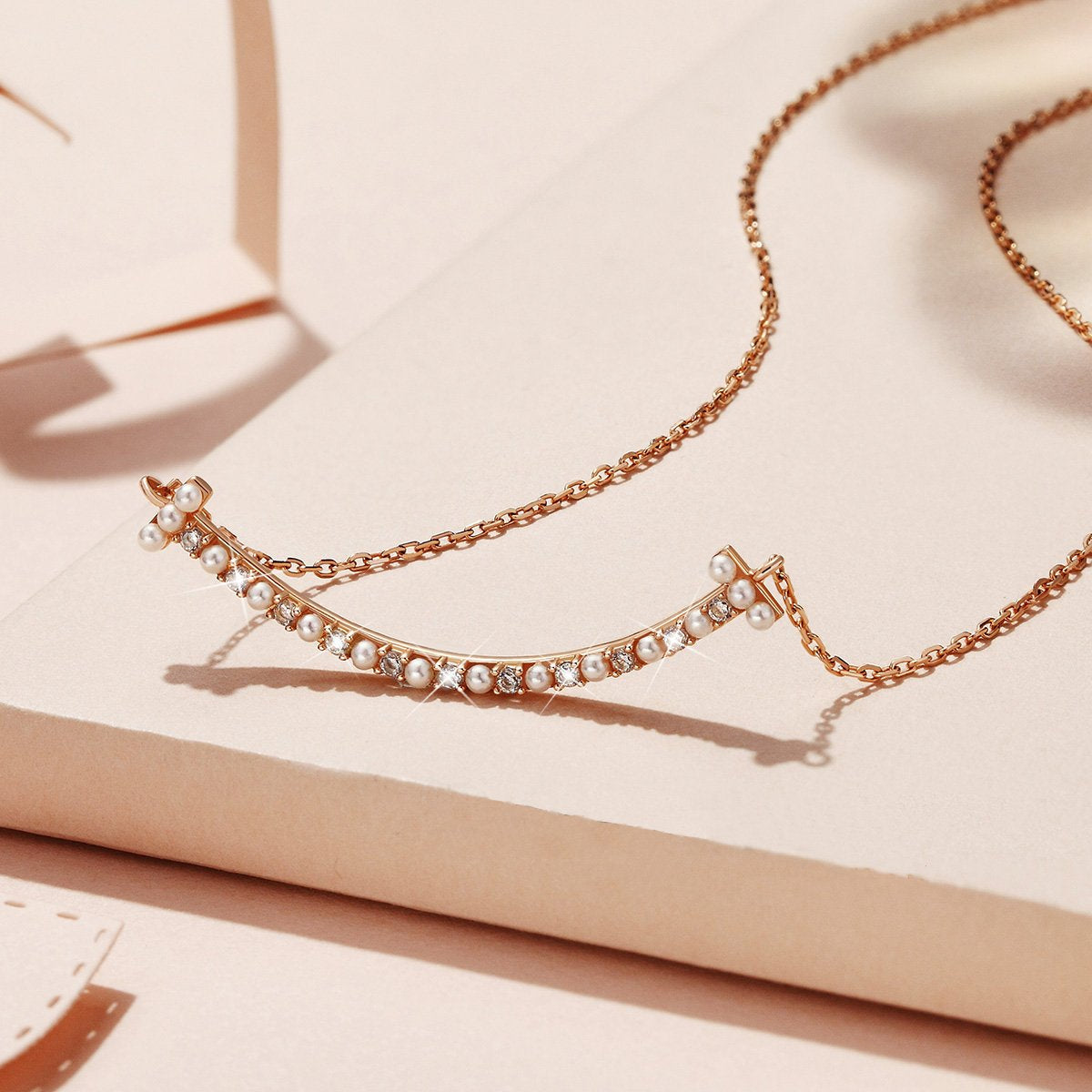 Elegant Smiley Arc Pearls Round Cut Sterling Silver Necklace