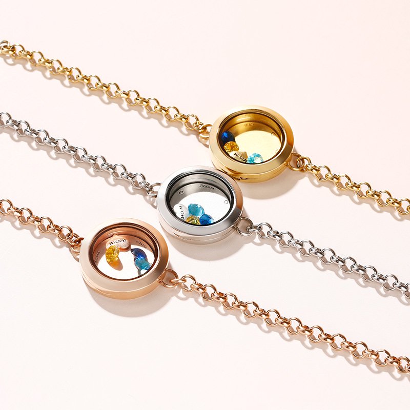 Engraved Floating Locket Bracelet With Charms And Birthstones Stainless Steel-JE-Juri Elle