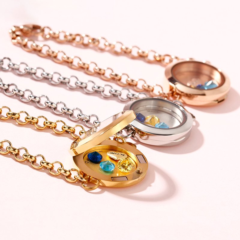 Engraved Floating Locket Bracelet With Charms And Birthstones Stainless Steel-JE-Juri Elle