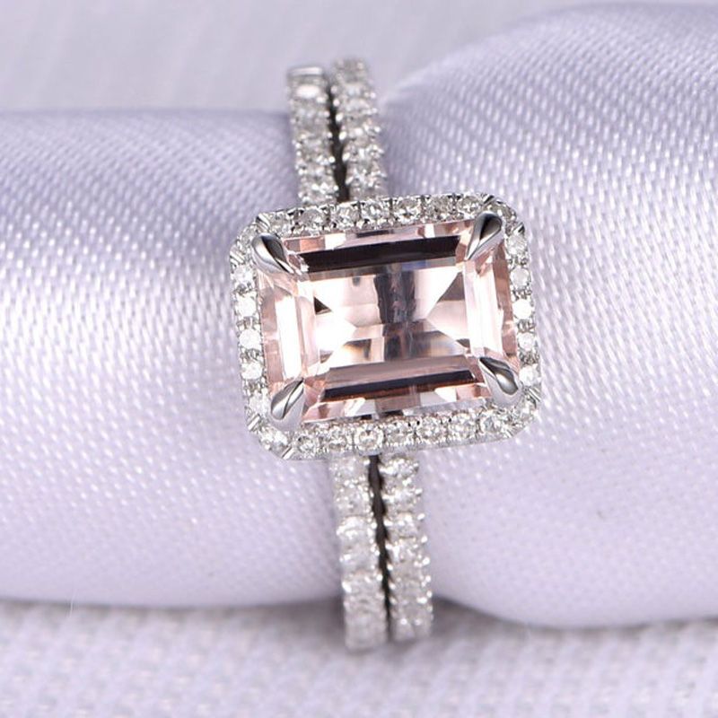 Halo Emerald Cut Synthetic Morganite Sterling Silver Ring Set