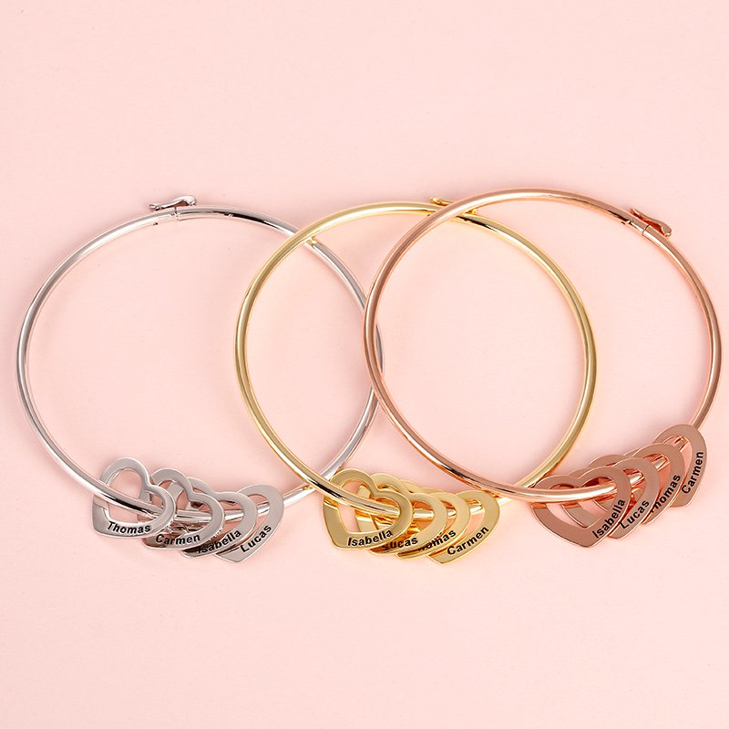 Bangle Bracelet with Heart Shape Pendants in Sterling Silver-JE-Juri Elle
