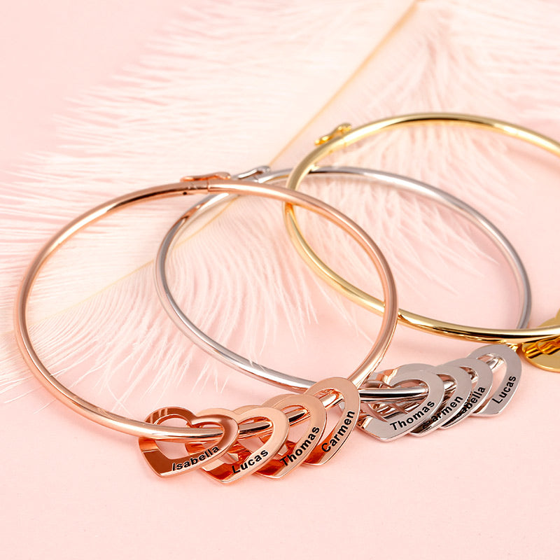 Bangle Bracelet with Heart Shape Pendants in Sterling Silver-JE-Juri Elle