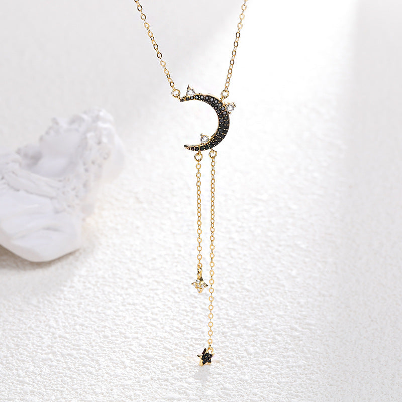 Star&Moon Tassel Round Cut Sterling Silver Plated Gold Necklace