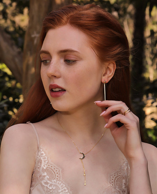 Star&Moon Tassel Round Cut Sterling Silver Plated Gold Necklace