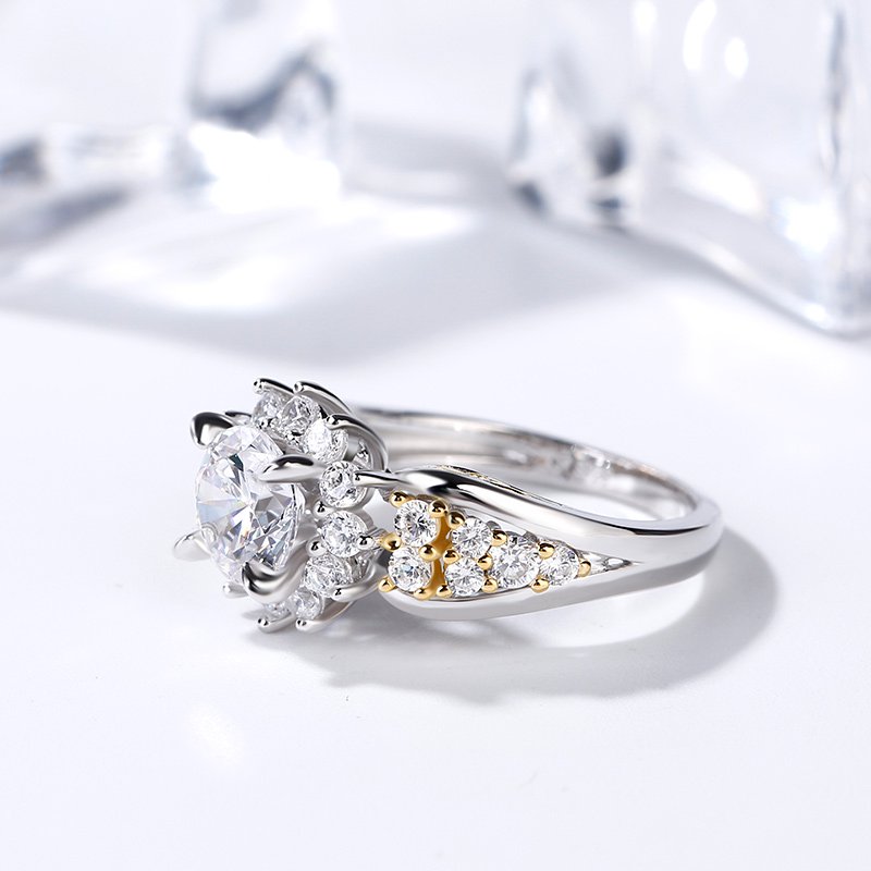 Floral Halo Round Cut Sterling Silver Ring