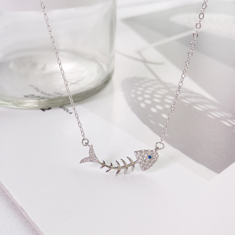 Classic Fish Bone Round Cut Sterling Silver Plated Platinum Necklace
