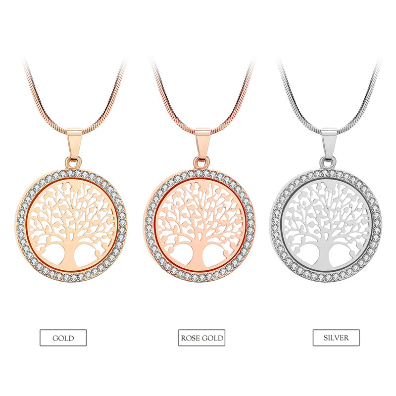 Tree of Life Rhinestone Round Small Pendant Necklace