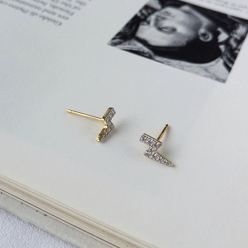 Personalized Lightning Round Cut Sterling Silver Plated Gold Stud Earring