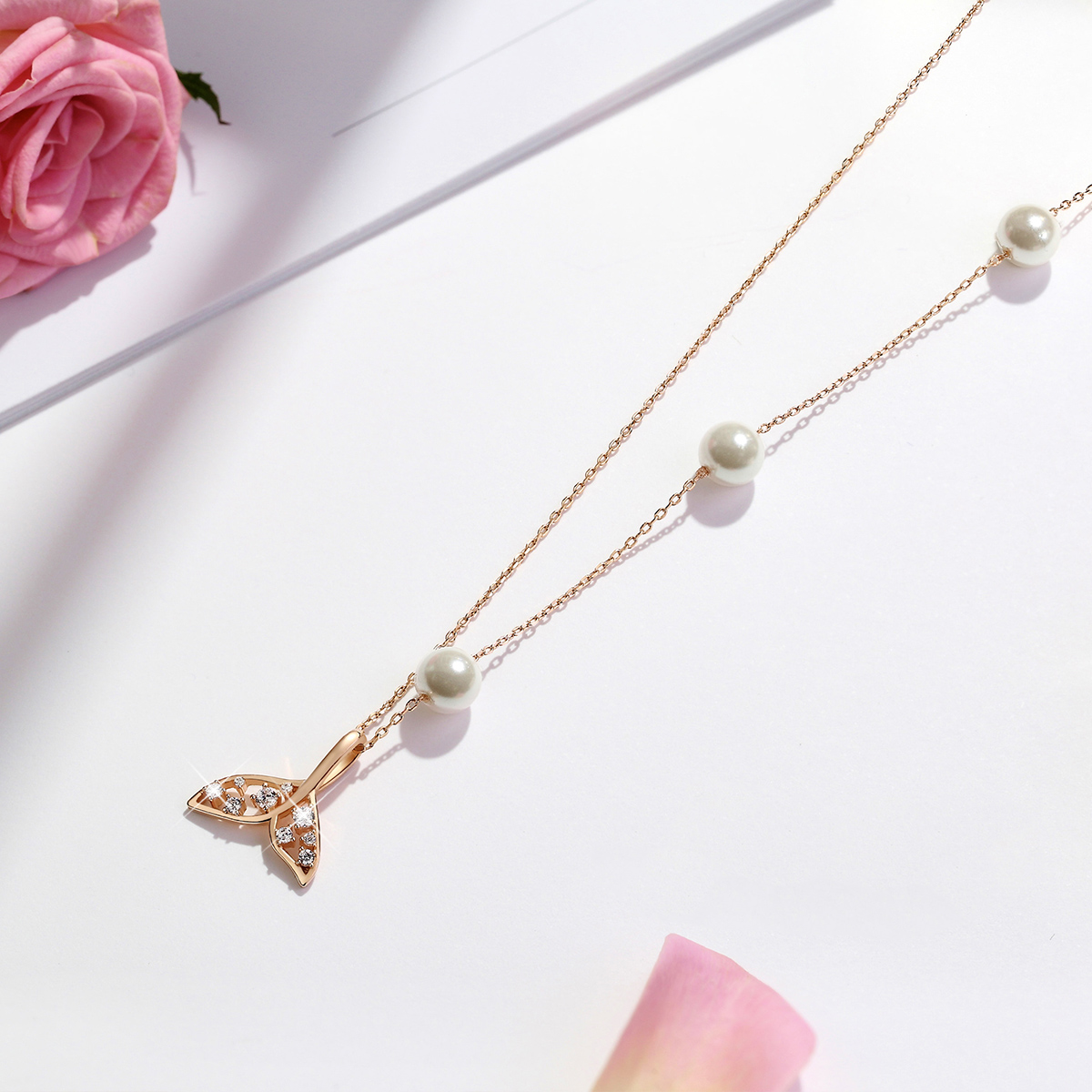 Mermaid Tail Pearls Round Cut Plated 14K Rose Gold Necklace