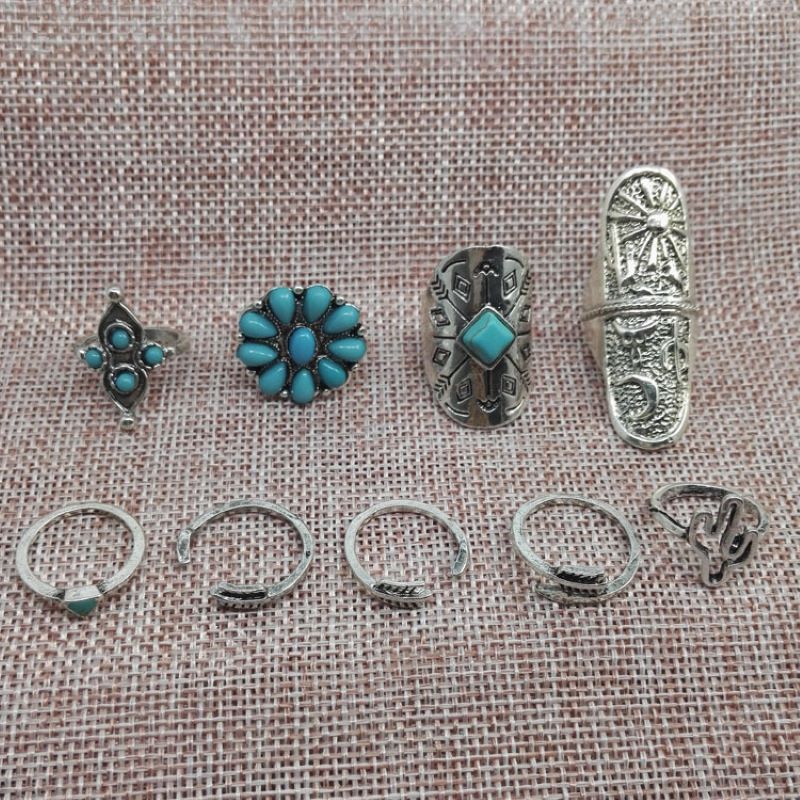 Ensemble de 9 bagues en alliage avec totem géométrique sculpté bohémien
