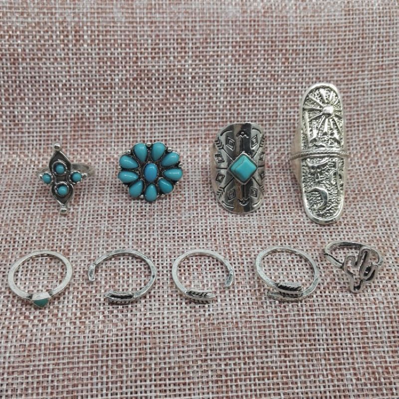 Bohemian Carved Geometric Totem 9 - Piece Alloy Ring Set